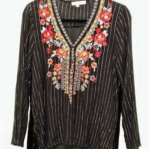 Andre By Unit Women’s Embroidered Top Long Sleeve Pullover Black Sequins Size L